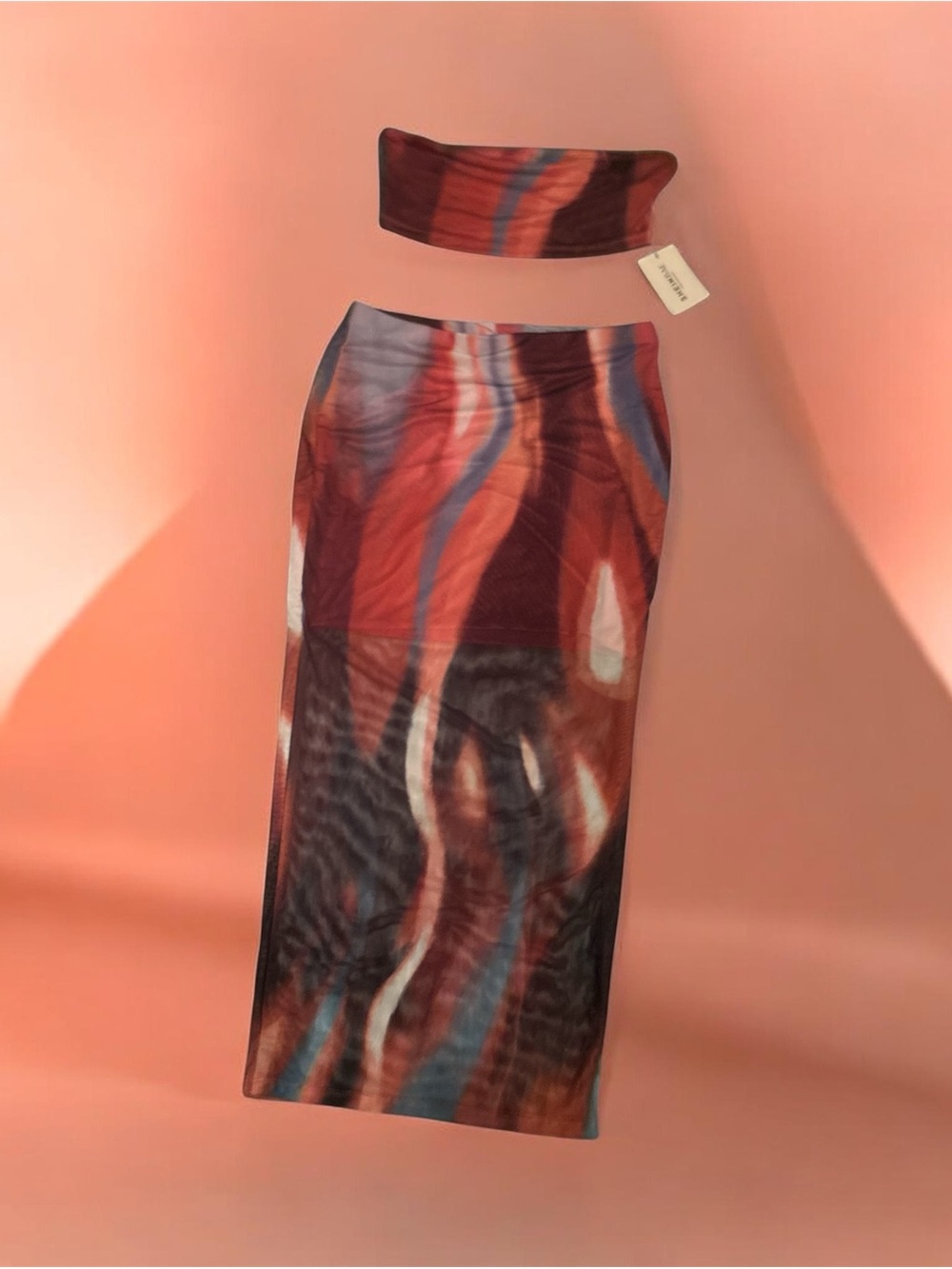 SHEIN Rust Red Blue Marble Midi Skirt with Matching Bandeau